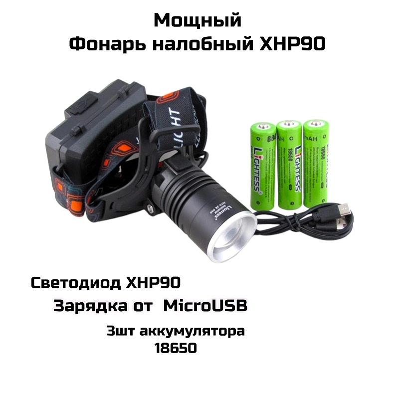 Фонарь налобный  XHP90  3аккумулятора ,TYPE-C (3012-3B)