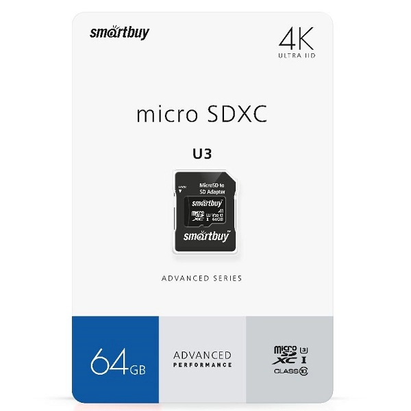 Карта памяти MicroSDXC 64Gb адаптер U3 (SmartBuy)
